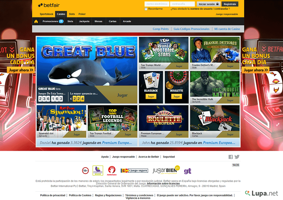 pagina de inicio de Betfair