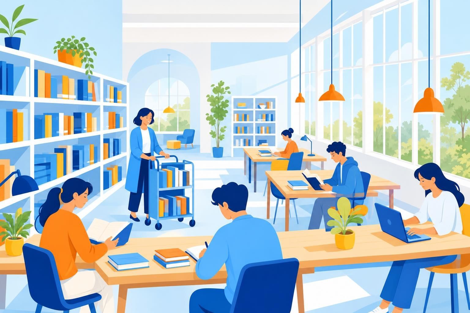 Sala de lectura de una biblioteca universitaria con estudiantes en mesas de madera y una bibliotecaria con un carrito de libros (imagen generada con AI)