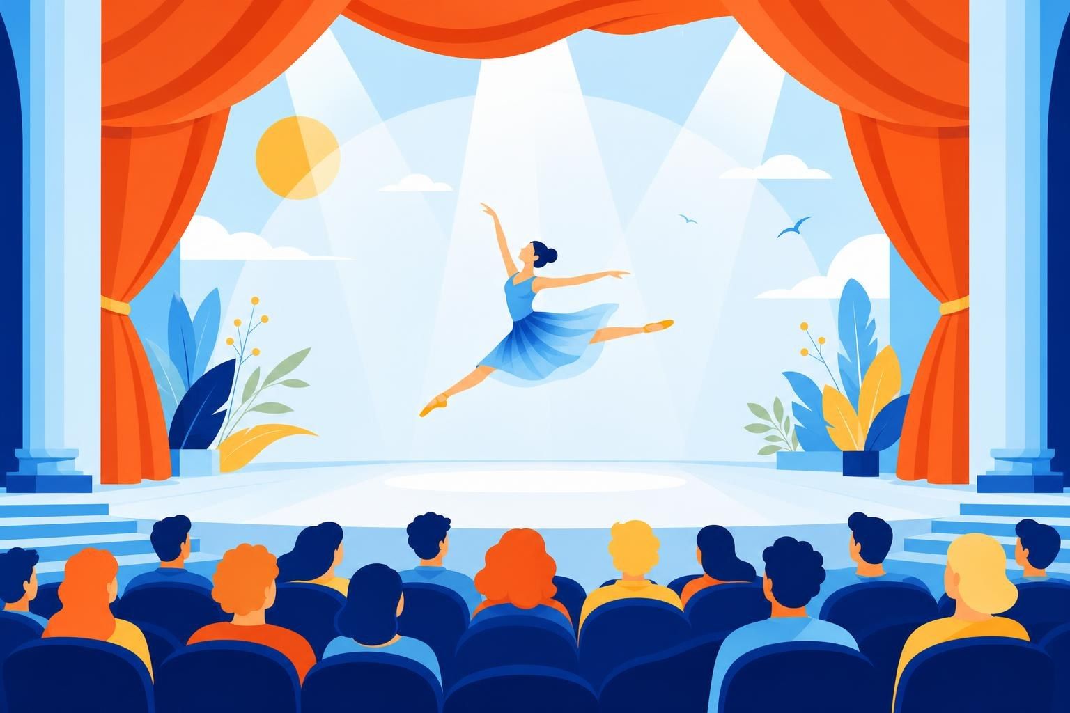 Escenario de teatro con el telón rojo abierto y una bailarina en pleno salto bajo los focos (imagen generada con AI)