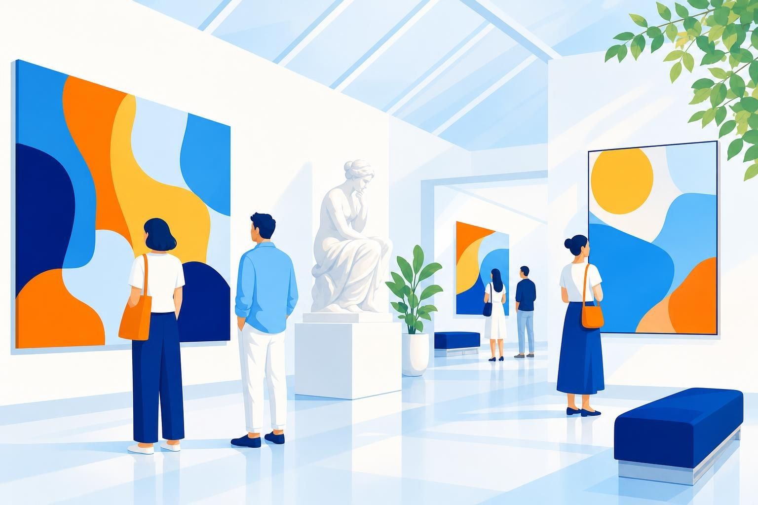 Visitantes en una sala de museo luminosa ante grandes cuadros abstractos y una escultura de mármol (imagen generada con AI)