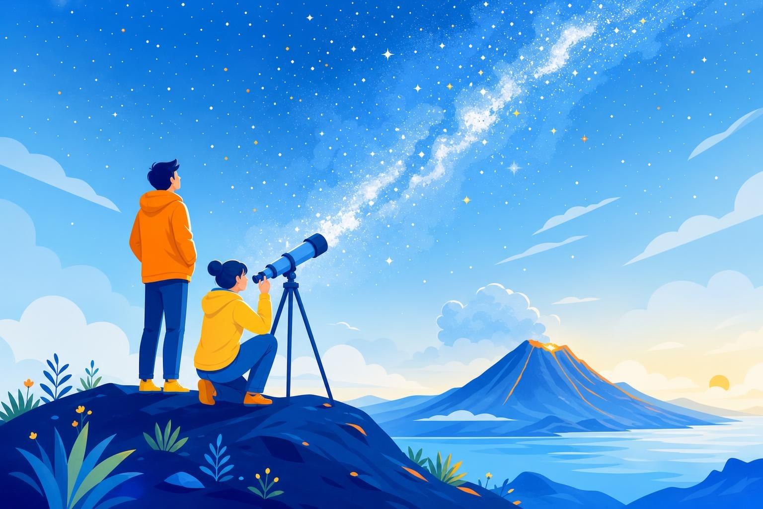 Dos personas con un telescopio en una colina volcánica bajo un cielo estrellado con la Vía Láctea (imagen generada con AI)