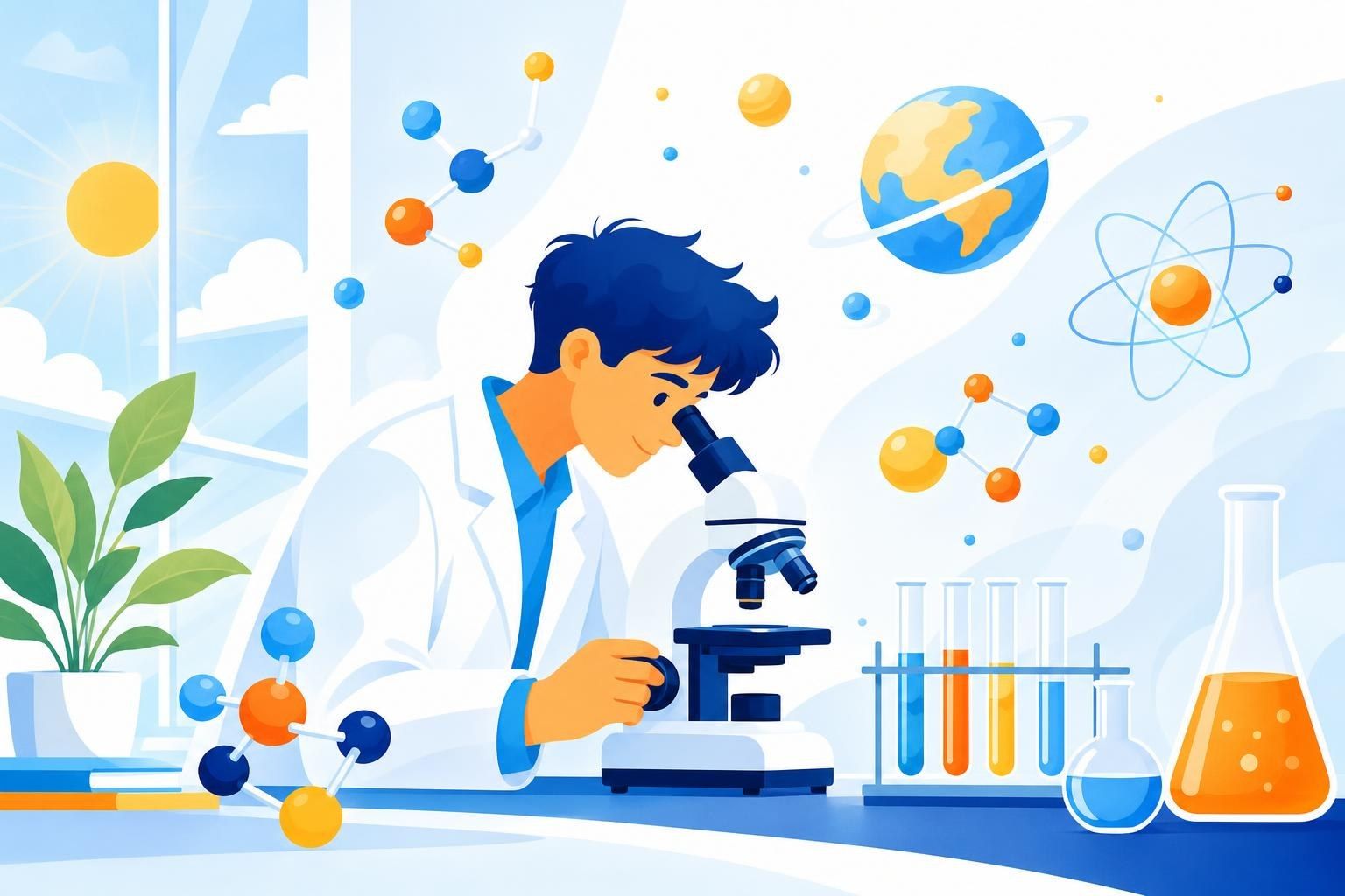 Joven mira por un microscopio en un laboratorio soleado con modelos de moléculas y tubos de ensayo (imagen generada con AI)