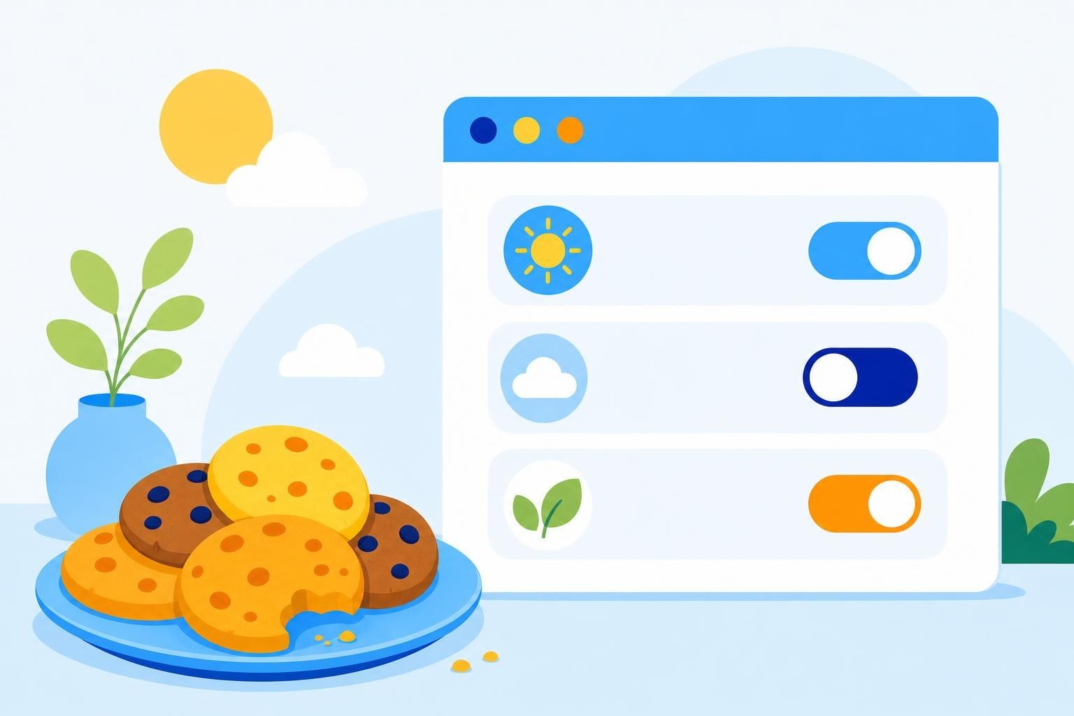 Plato de galletas junto a una ventana de navegador con interruptores (imagen generada con AI)