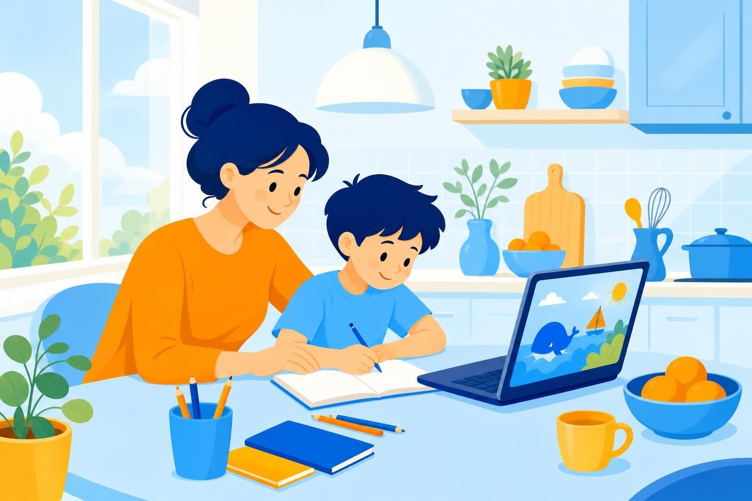 Una persona adulta y un niño hacen los deberes juntos en la mesa de la cocina con un portátil (imagen generada con AI)