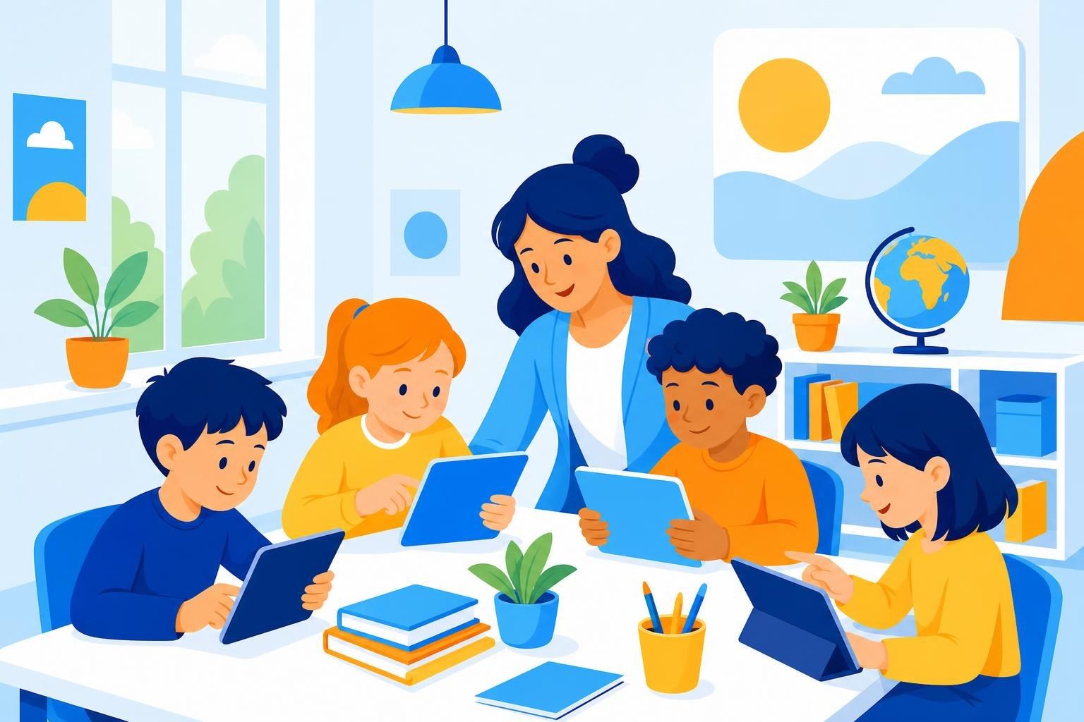 Niños y una maestra en un aula luminosa con tabletas, un globo terráqueo y libros de colores (imagen generada con AI)