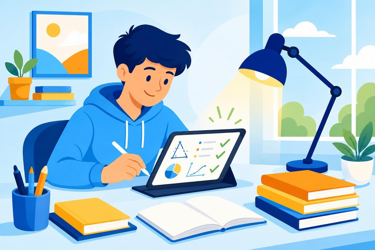 Estudiante de secundaria resuelve ejercicios de matemáticas en una tableta que muestra marcas verdes (imagen generada con AI)