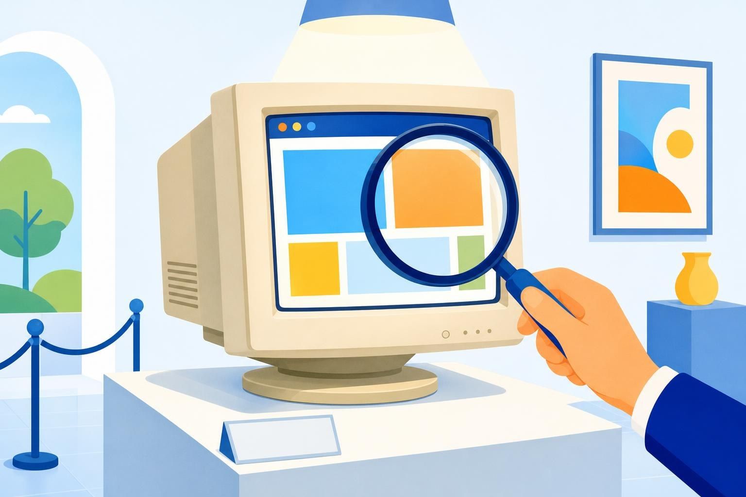 Monitor beige de finales de los noventa con una página web de colores, expuesto en un pedestal de museo y examinado con una lupa (imagen generada con AI)