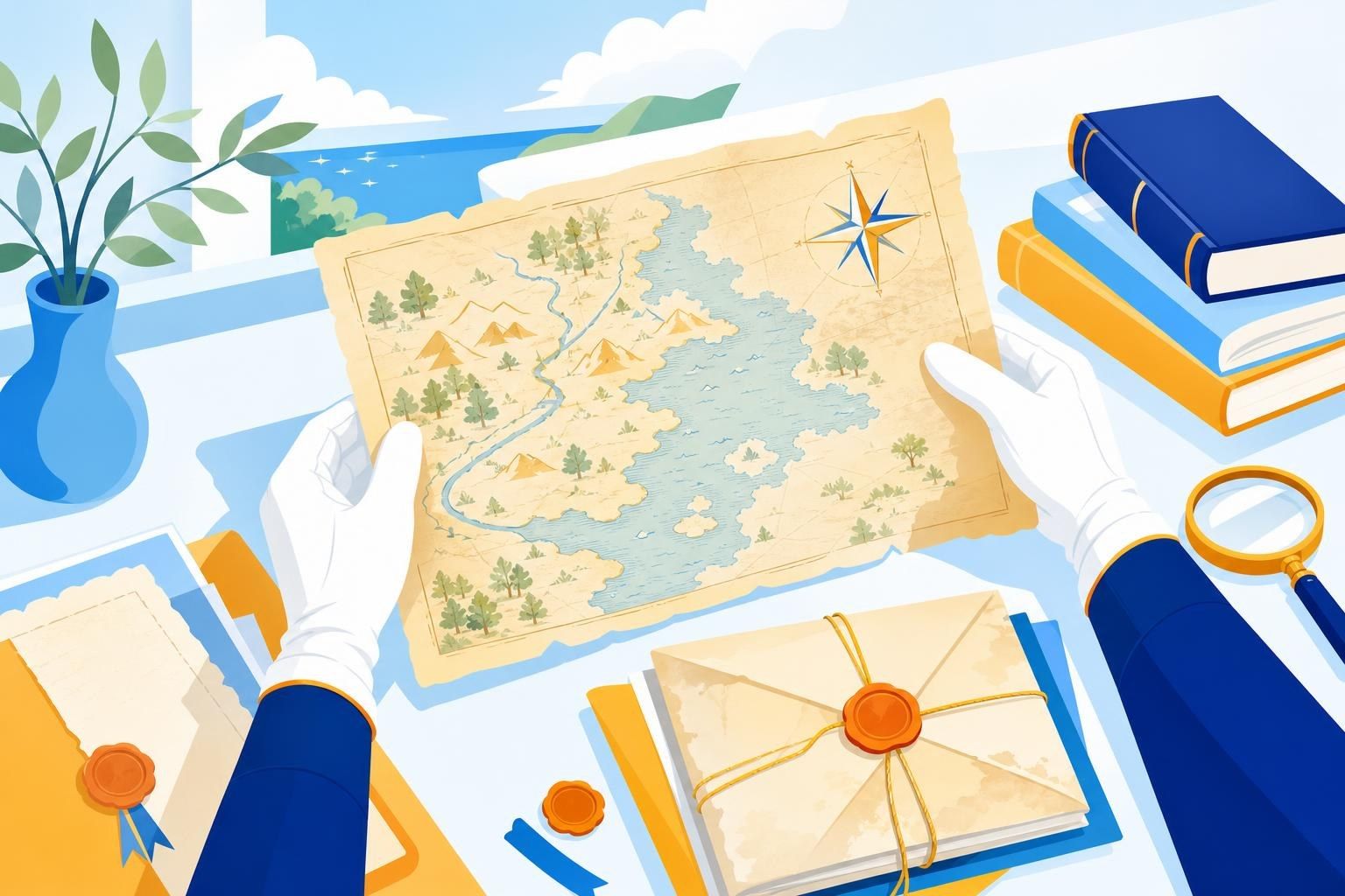 Manos con guantes de algodón manipulan un mapa antiguo y documentos con sellos de lacre junto a una lupa (imagen generada con AI)