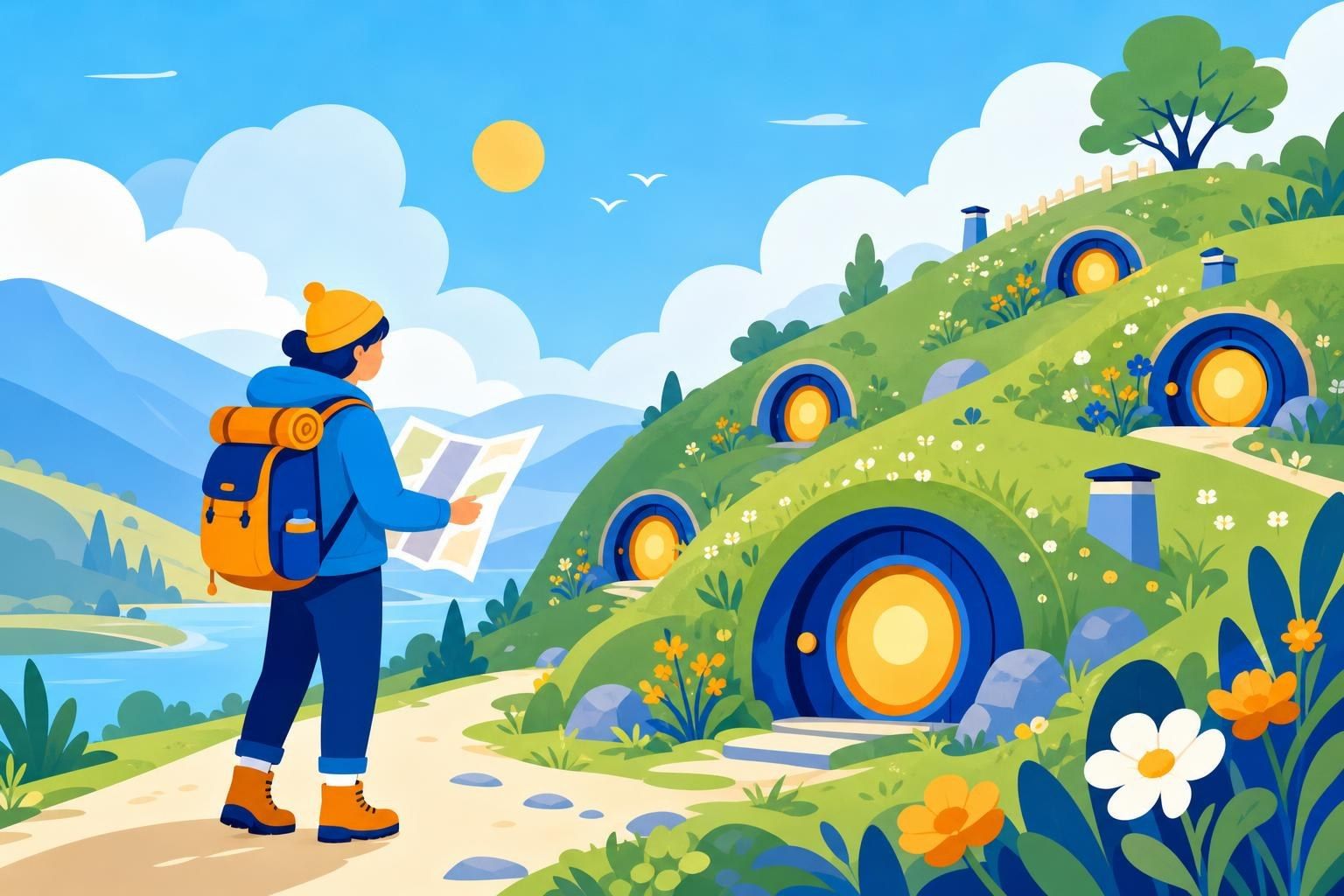 Excursionista con mochila y mapa que descubre pequeñas puertas redondas iluminadas en una ladera verde (imagen generada con AI)