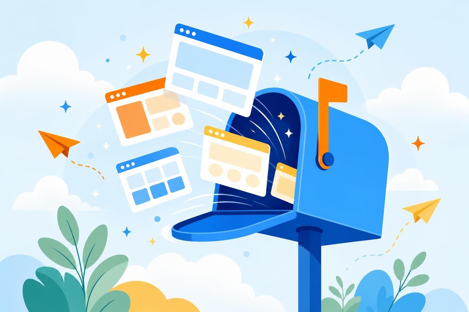 Tarjetas de ventanas web nuevas que salen de un buzón abierto como cartas, con aviones de papel (imagen generada con AI)