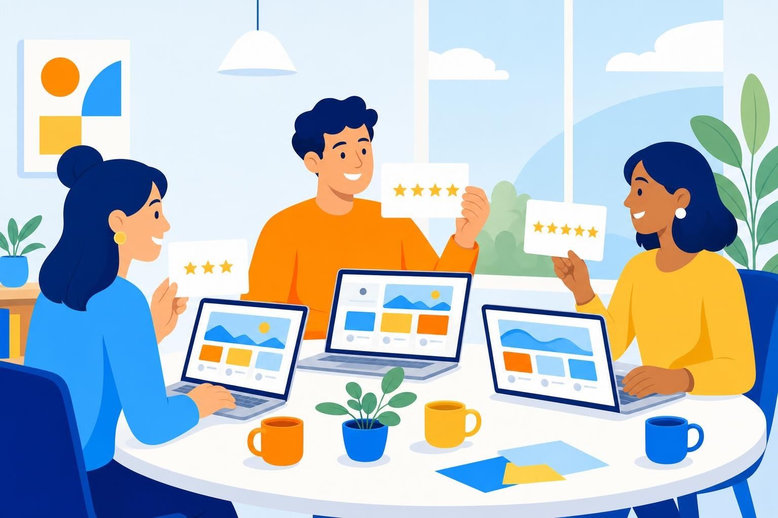 Tres personas alrededor de una mesa revisan fichas de páginas web en portátiles con tarjetas de puntuación de estrellas (imagen generada con AI)