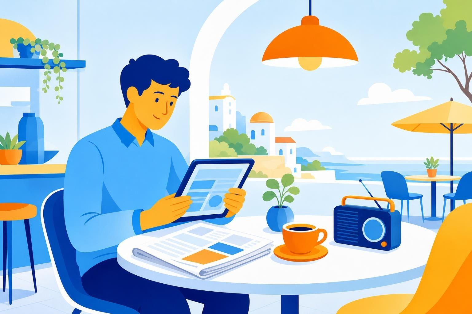 Persona lee las noticias de la mañana en una tableta en un café, con un periódico doblado y una radio (imagen generada con AI)