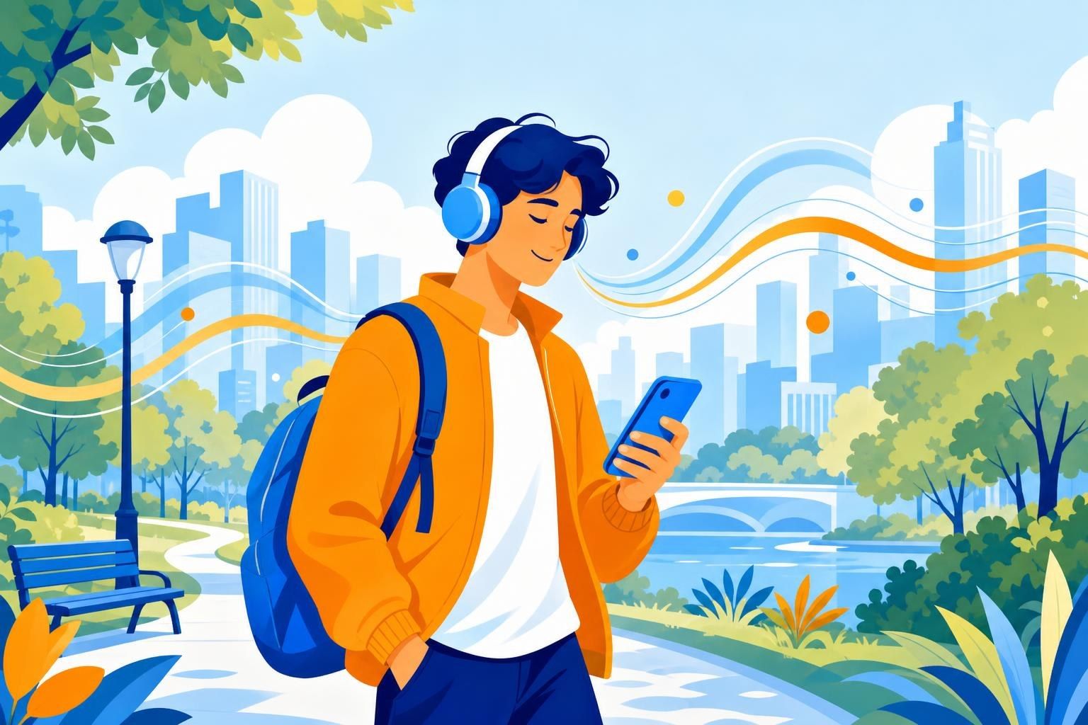 Persona con auriculares escucha un pódcast en el móvil mientras pasea por un parque (imagen generada con AI)