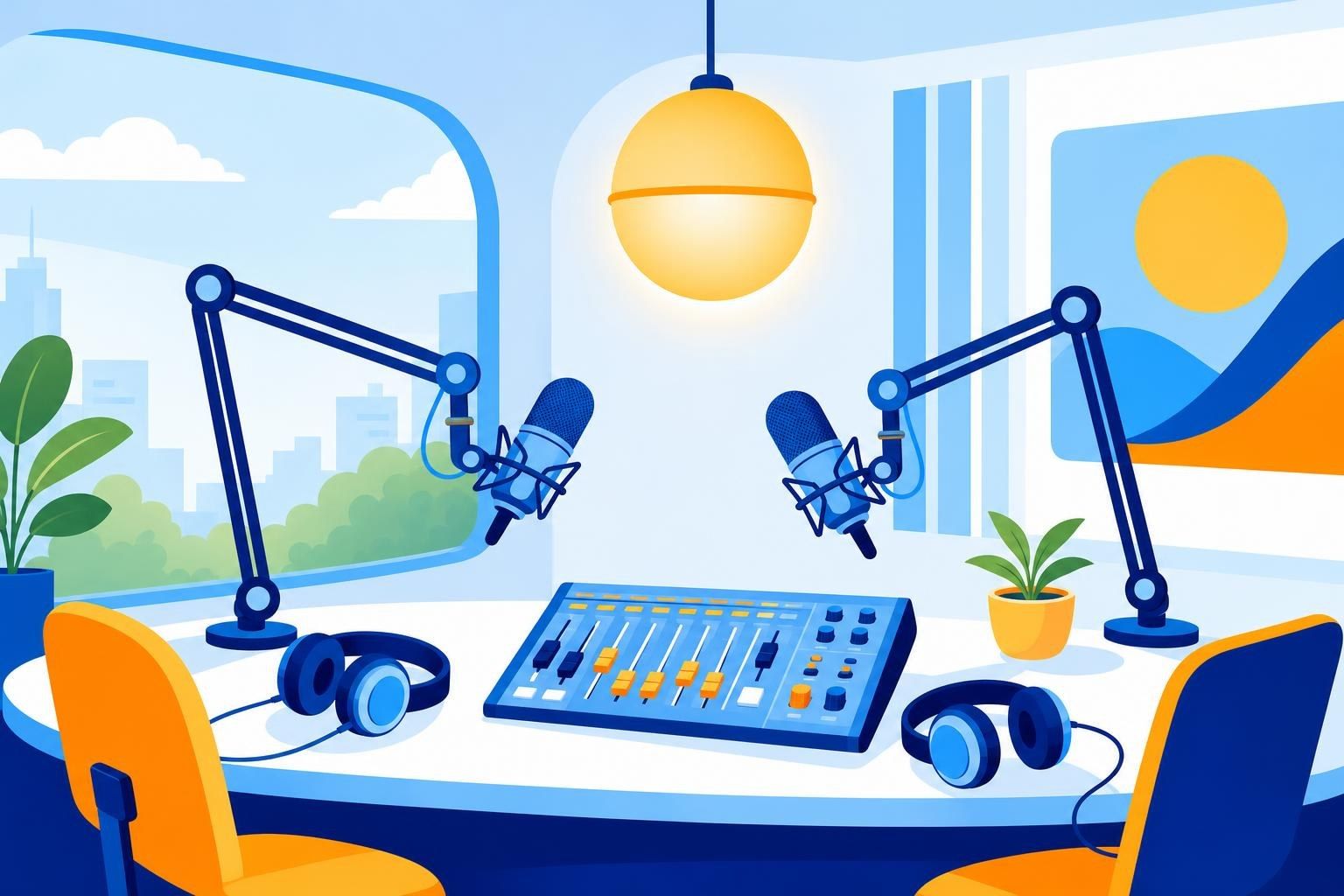 Estudio de radio con dos micrófonos, auriculares, mesa de mezclas y la luz de «en el aire» encendida (imagen generada con AI)