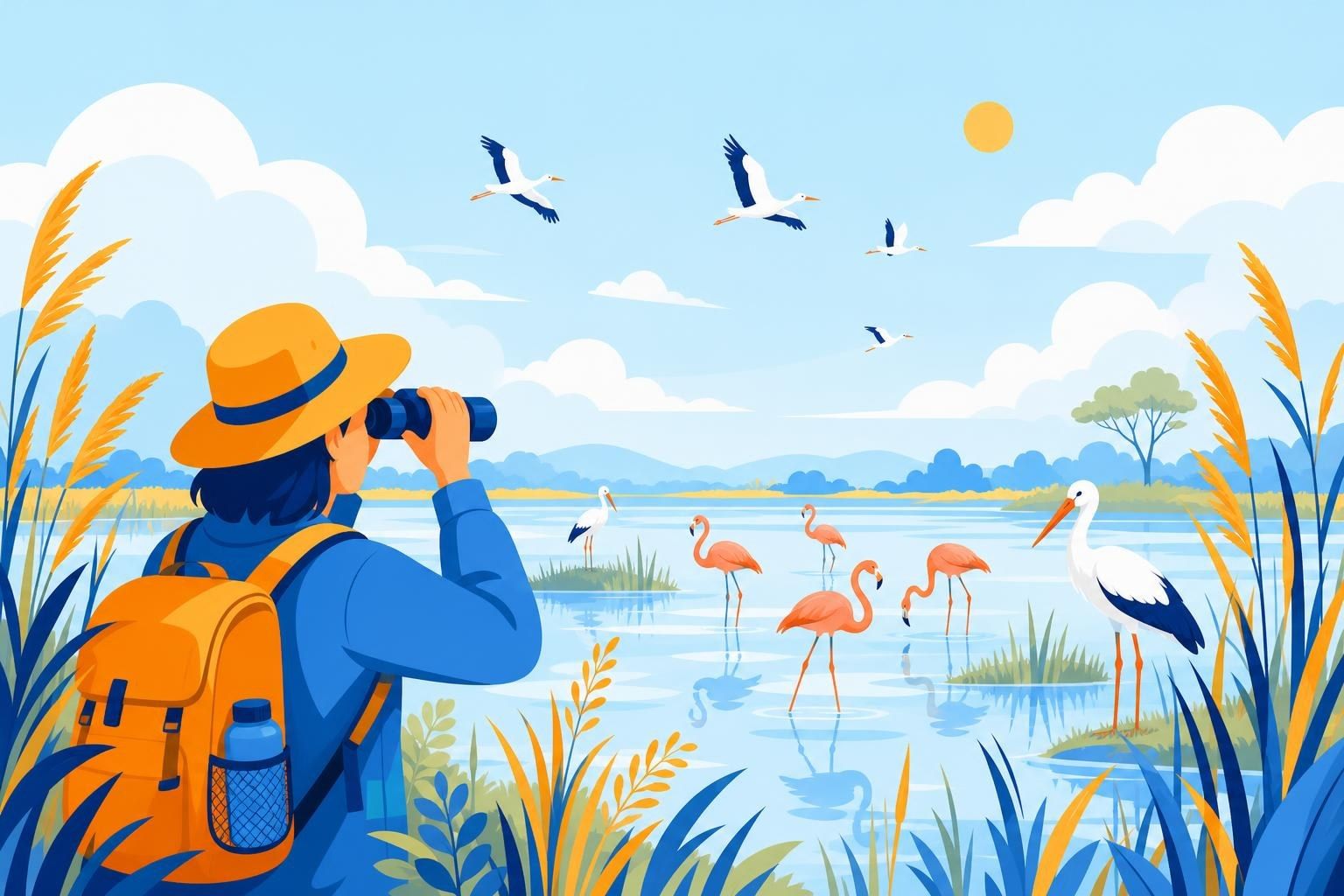 Observador de aves con prismáticos en un humedal con flamencos y cigüeñas entre juncos (imagen generada con AI)