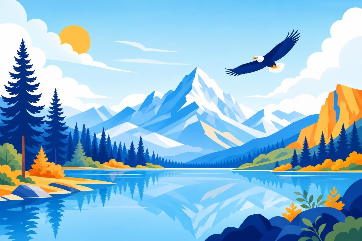 Paisaje de parque nacional con montañas, un lago claro, pinar y un águila en vuelo (imagen generada con AI)