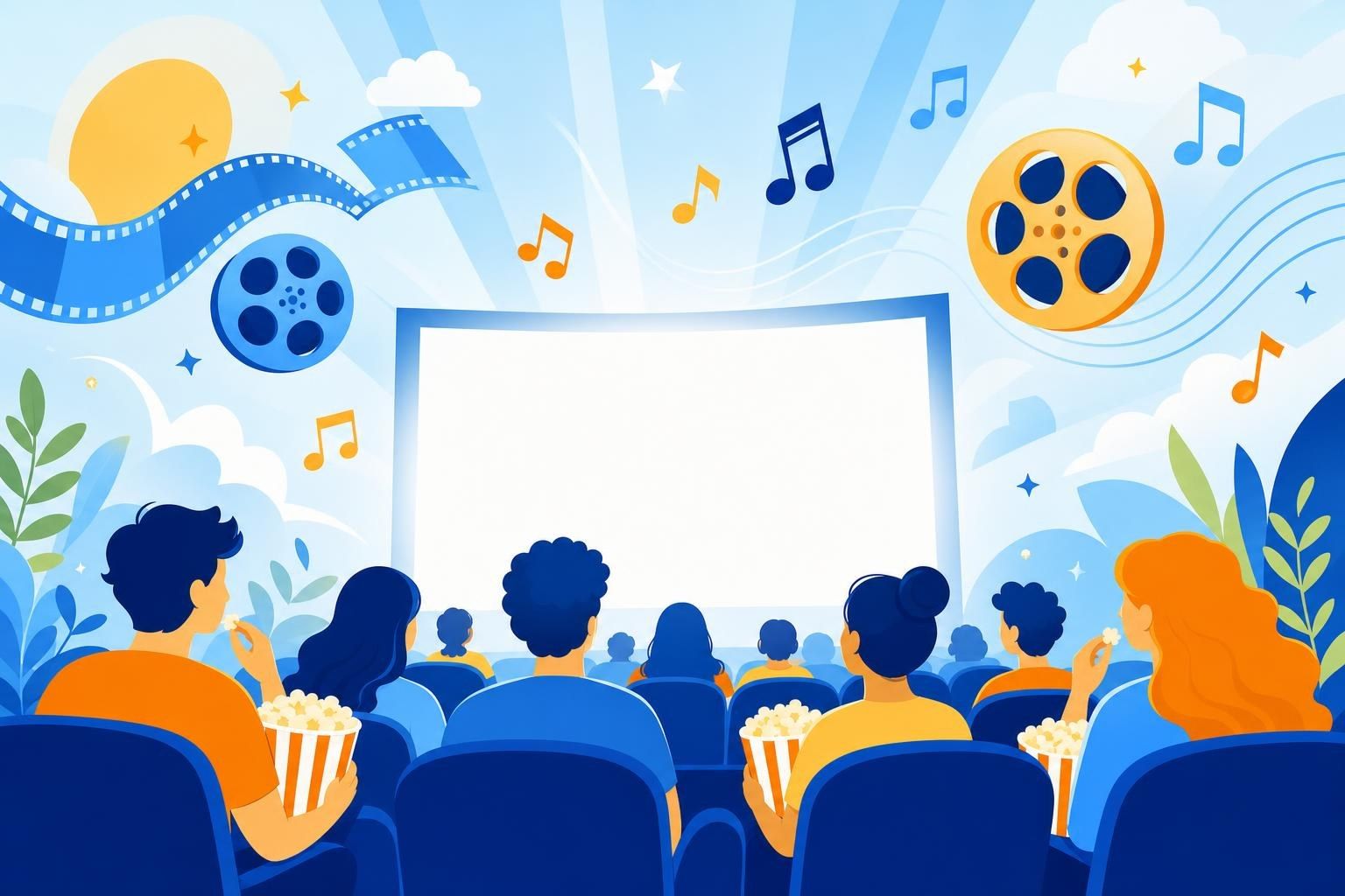 Público de cine con palomitas ante una pantalla iluminada, notas musicales y rollos de película (imagen generada con AI)