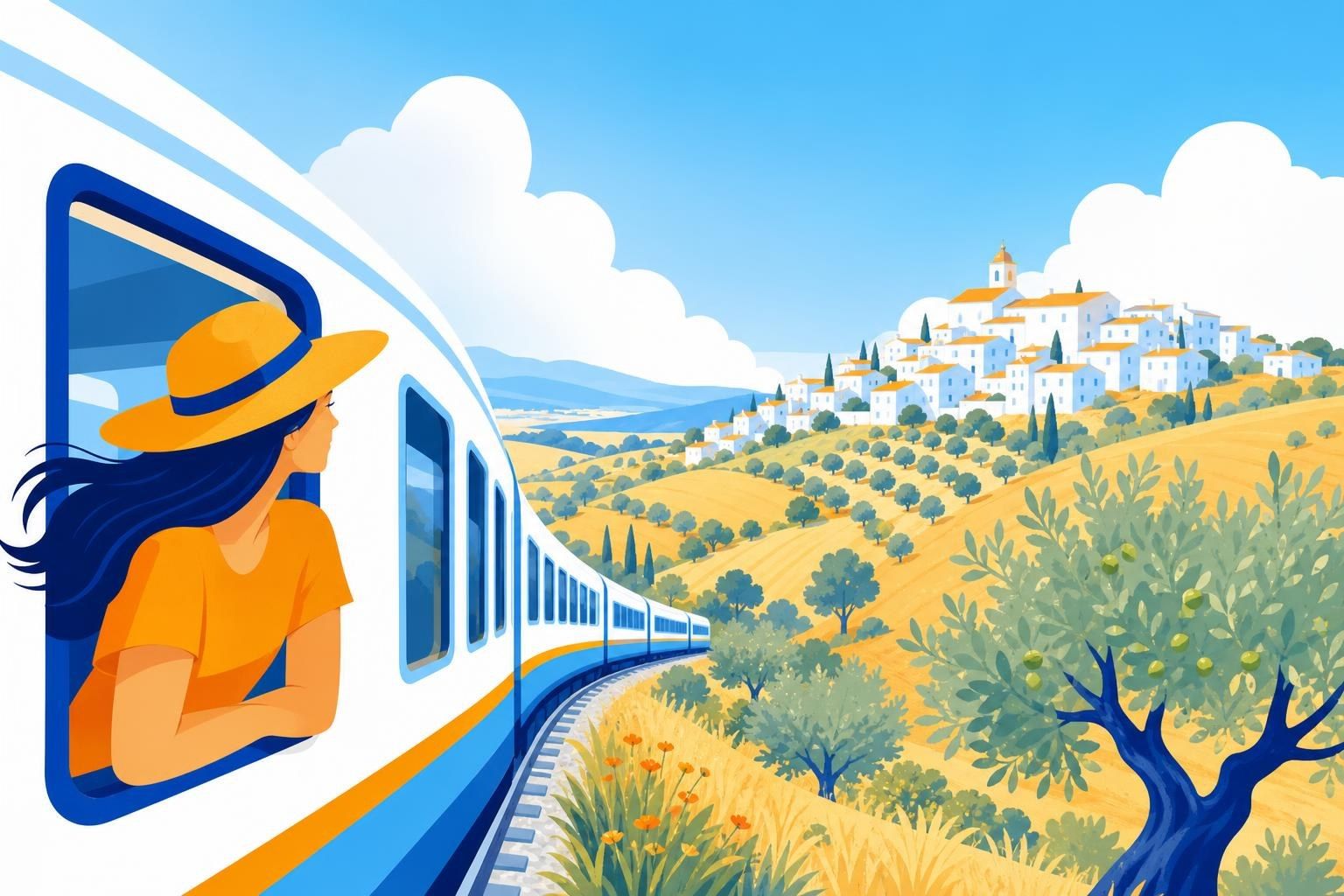 Tren que cruza el campo español entre olivares y un pueblo blanco en lo alto de una colina (imagen generada con AI)