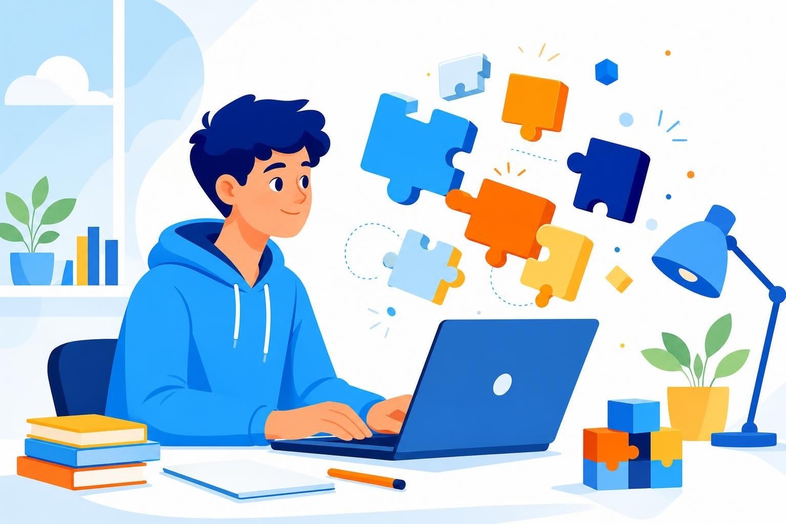 Adolescente aprende a programar con bloques de colores que encajan como piezas de puzle sobre el portátil (imagen generada con AI)
