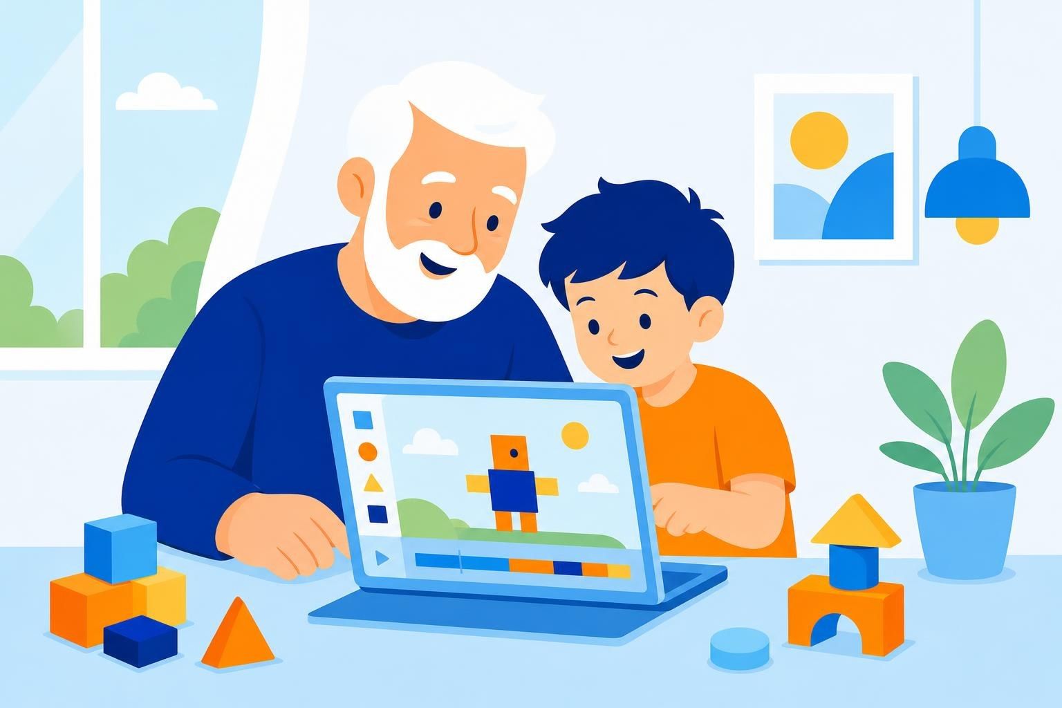 Persona mayor y su nieto programan juntos una animación con bloques de colores en un portátil (imagen generada con AI)