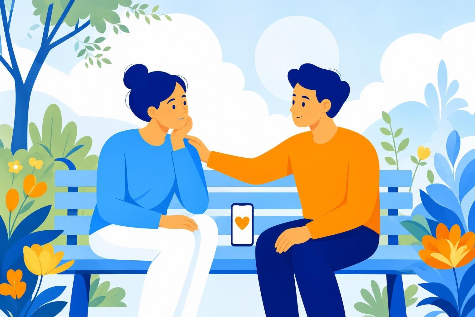 Dos personas conversan con calma en un banco de un jardín mientras una escucha a la otra (imagen generada con AI)