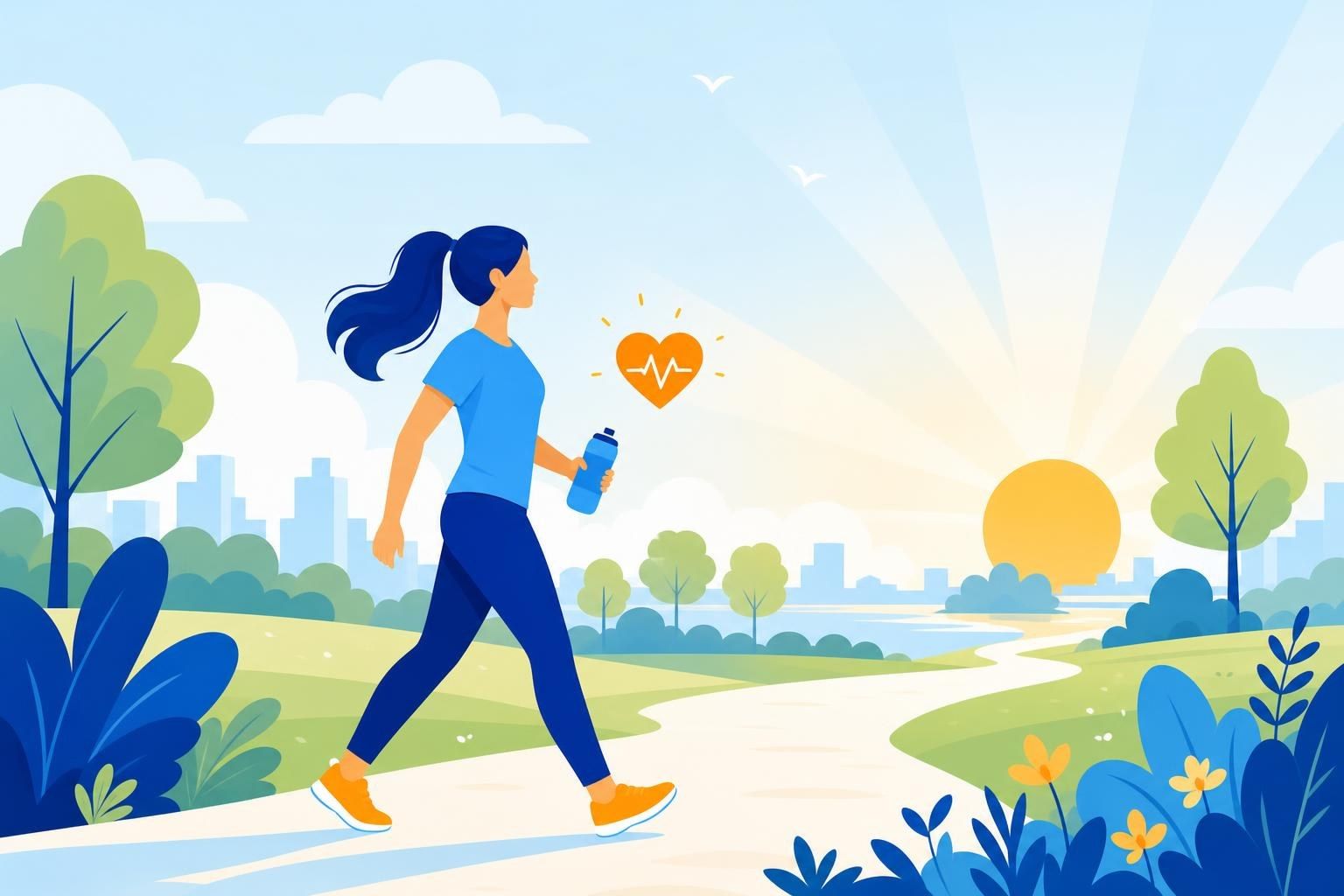 Persona camina por un parque al amanecer con una botella de agua y un corazón con línea de pulso (imagen generada con AI)