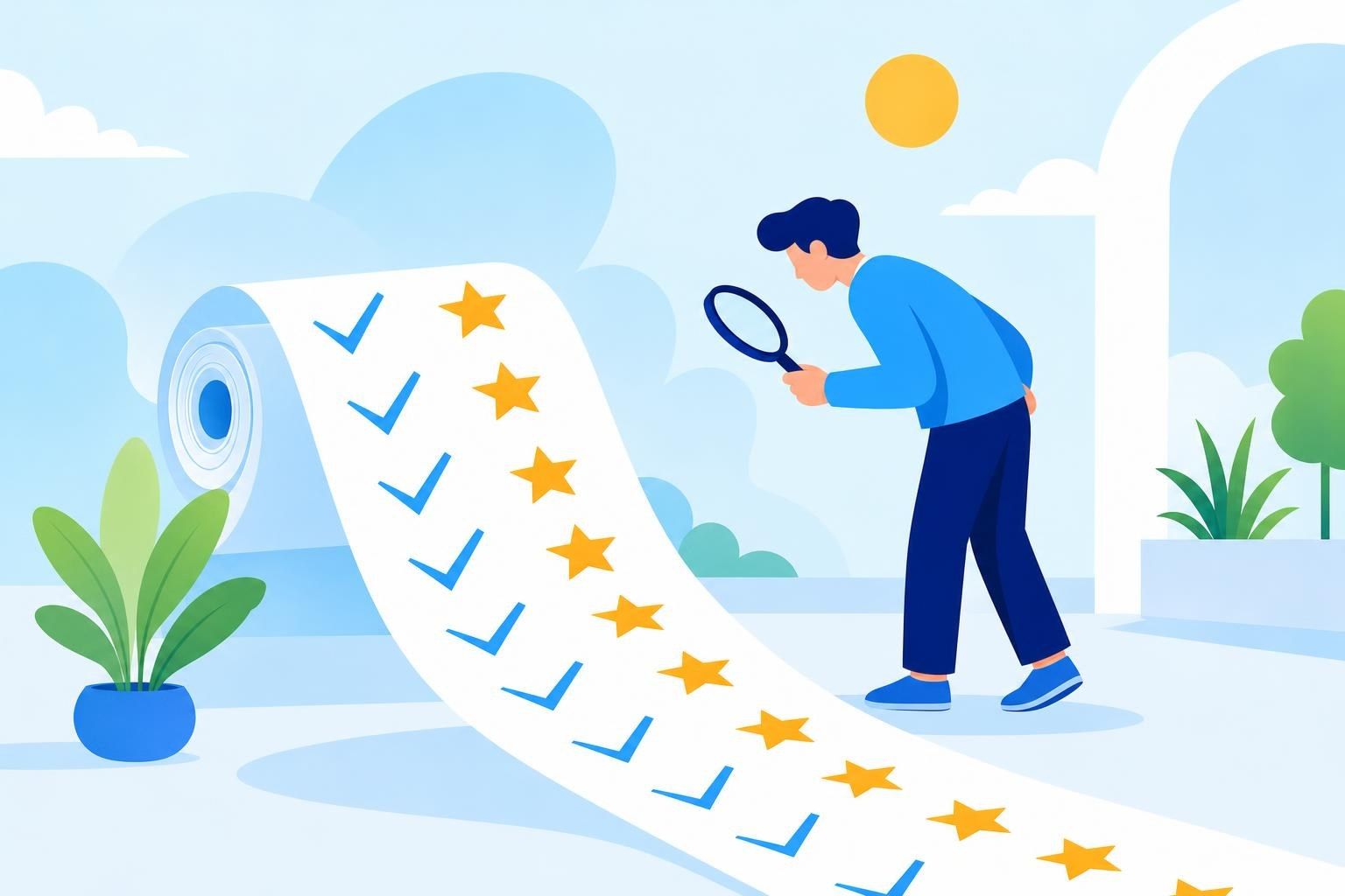 Largo pergamino desenrollado con marcas de verificación y estrellas que una persona revisa con una lupa (imagen generada con AI)